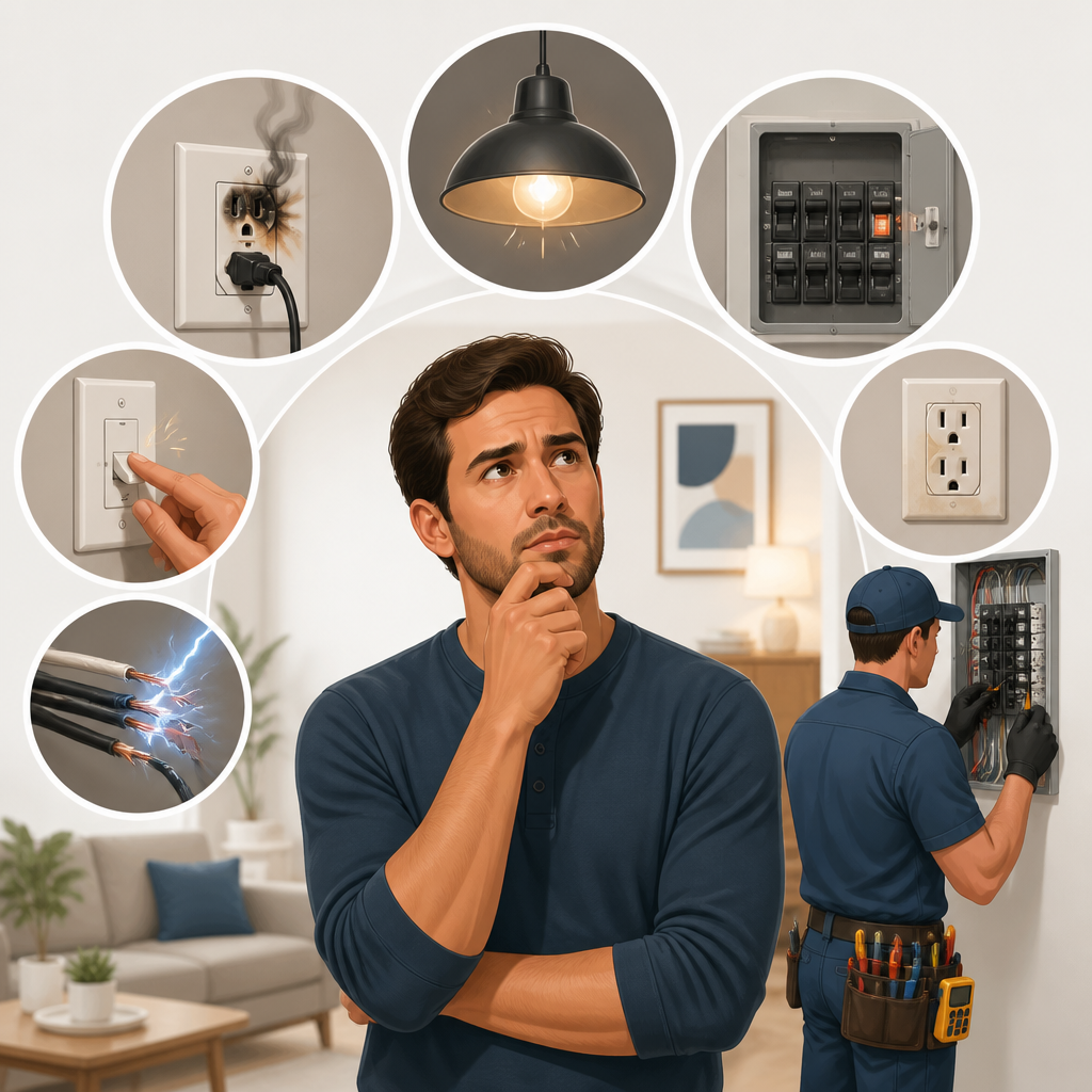 Electrician inspecting circuit breaker panel in Port St. Lucie